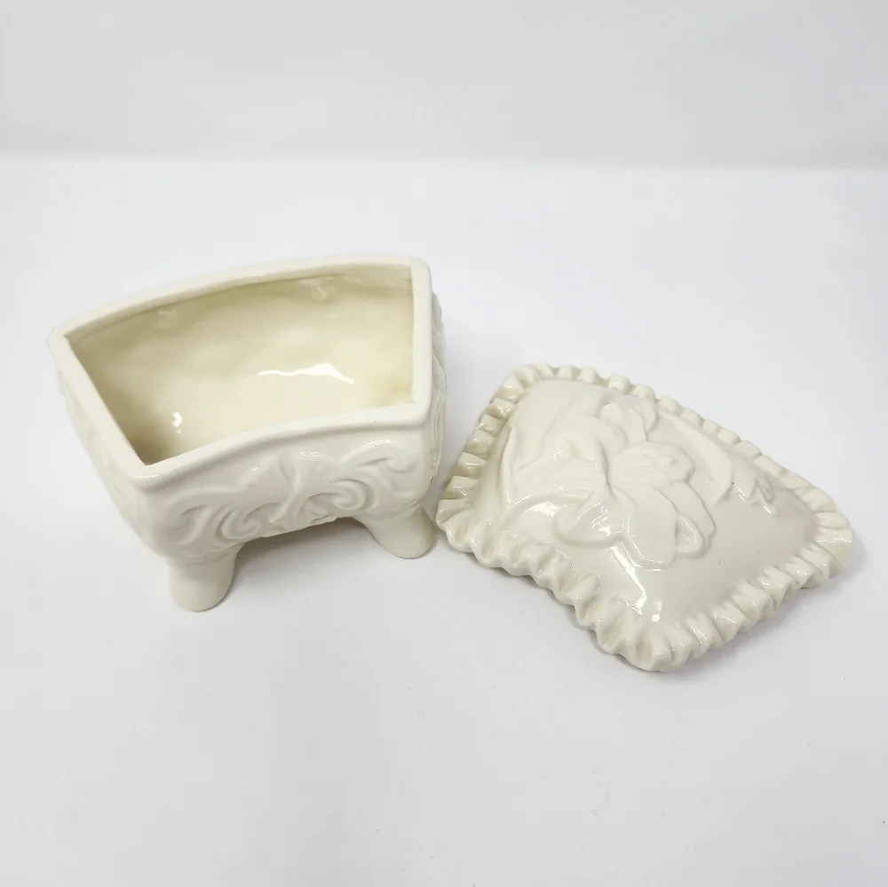 Vintage White Ceramic Glazed Footed Floral Trinket Box